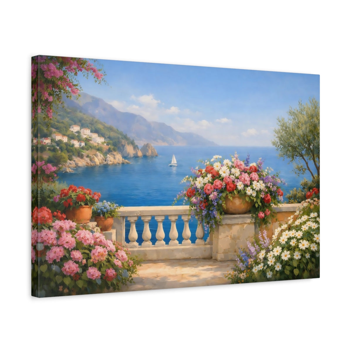 Side Mockup 3. Floral Mediterranean Coast shown as stretched canvas wall art