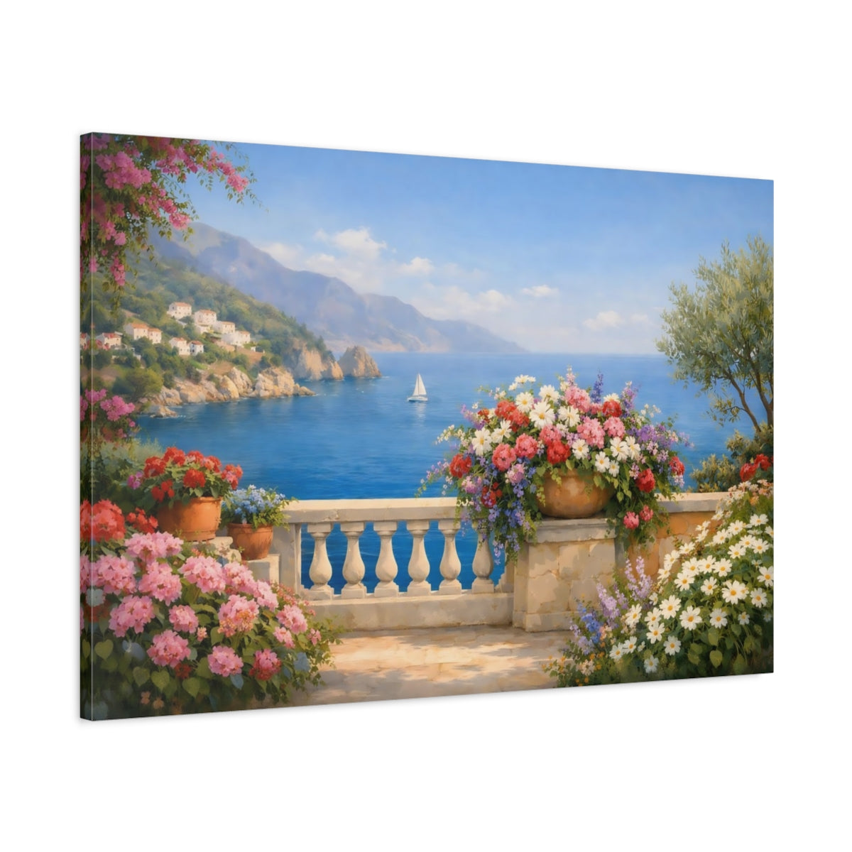 Side Mockup 1. Floral Mediterranean Coast shown as stretched canvas wall art