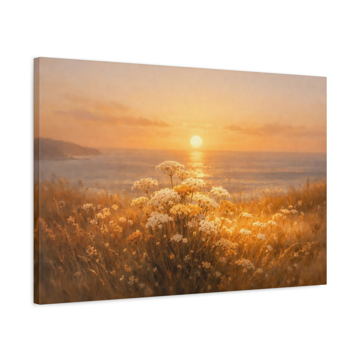 Golden Glow Ocean Meadow Wildflowers Sunset Nature - Canvas Wall Art Print