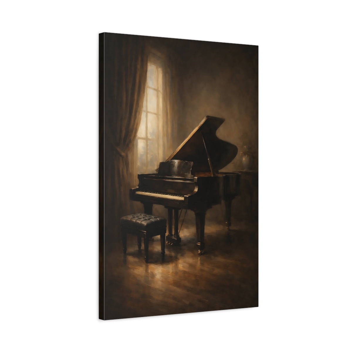 Side Mockup 2. Vintage Grand Piano Brown Grand Piano shown as stretched canvas wall art