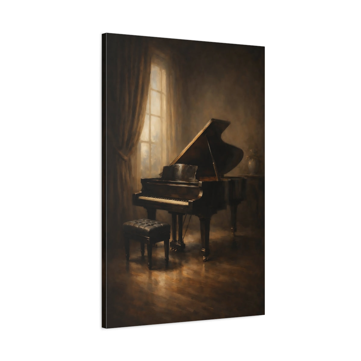 Side Mockup 1. Vintage Grand Piano Brown Grand Piano shown as stretched canvas wall art