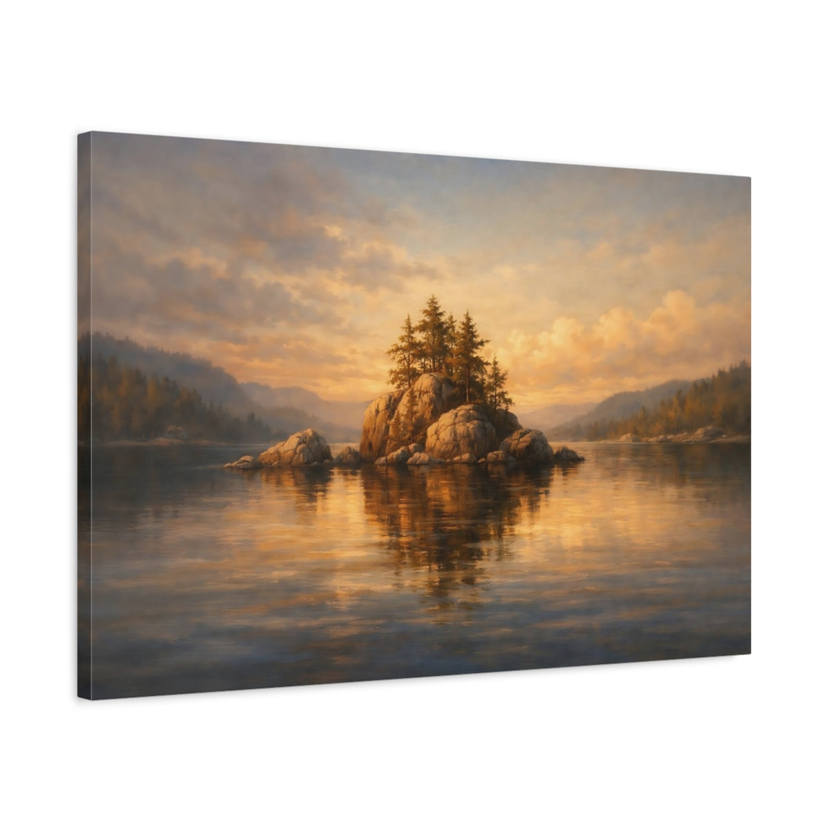 Side Mockup 2. Nature Rocky Island Golden Lake Island shown as stretched canvas wall art