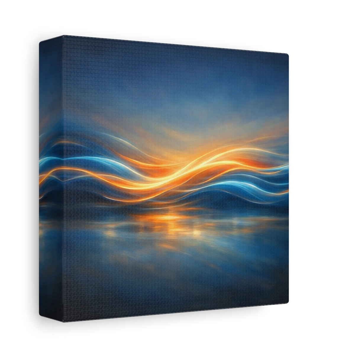 Side Mockup 1. Abstract Light Waves Blue Orange Abstract shown as stretched canvas wall art