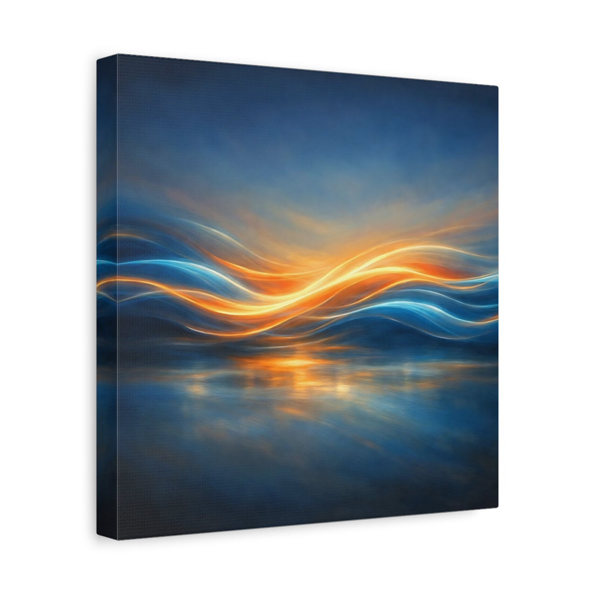 Side Mockup 8. Abstract Light Waves Blue Orange Abstract shown as stretched canvas wall art