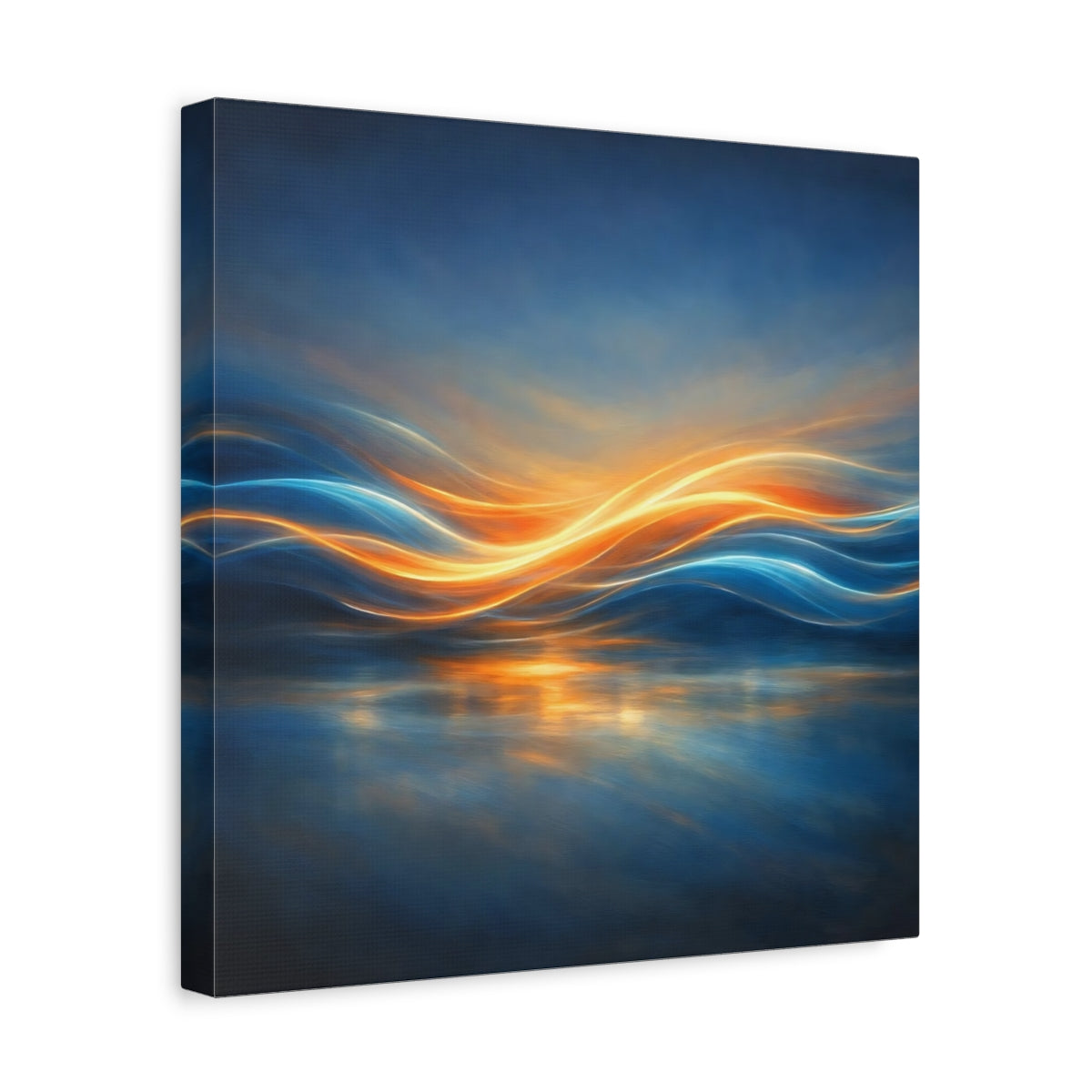 Side Mockup 7. Abstract Light Waves Blue Orange Abstract shown as stretched canvas wall art