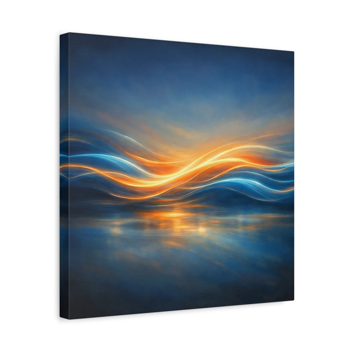 Side Mockup 6. Abstract Light Waves Blue Orange Abstract shown as stretched canvas wall art