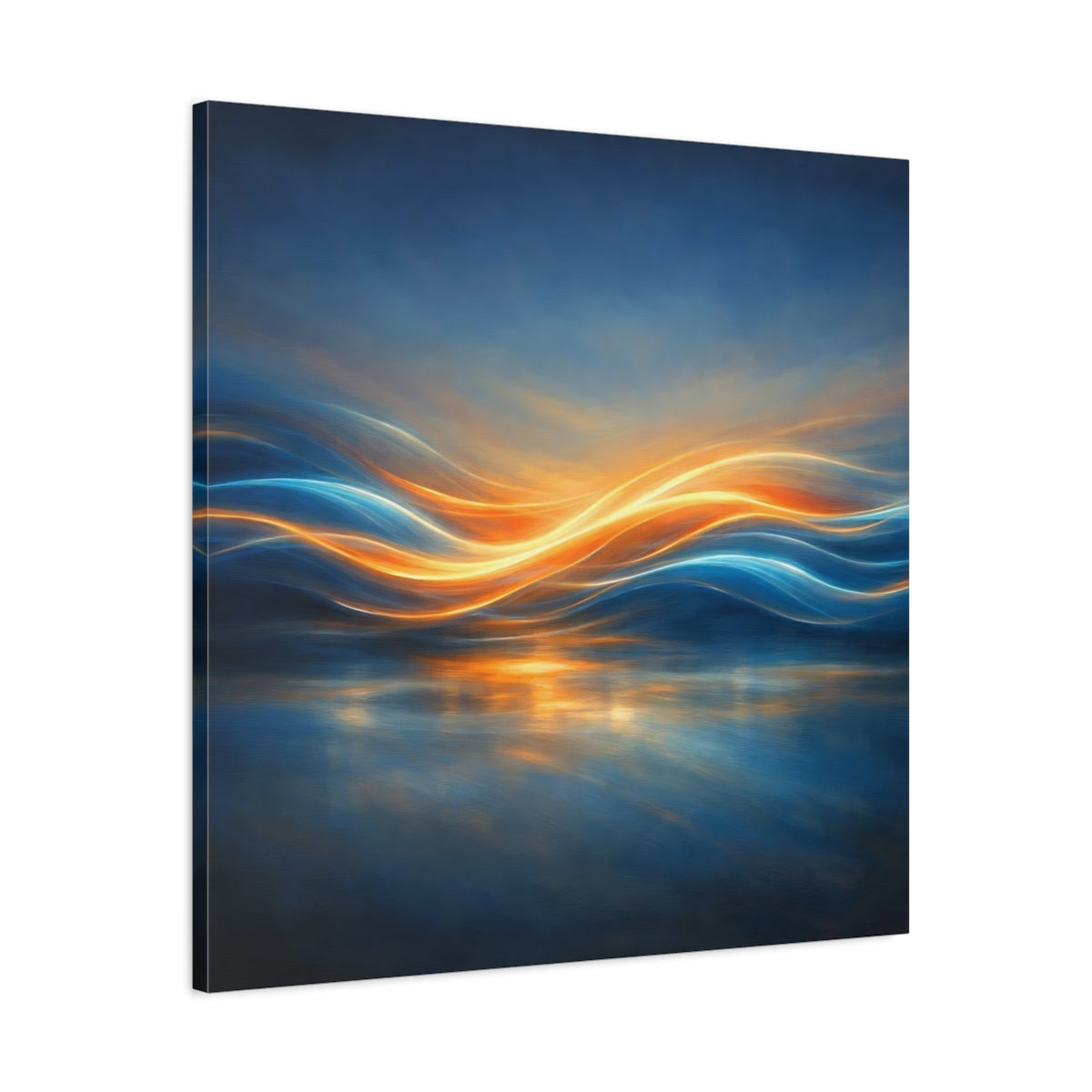 Side Mockup 3. Abstract Light Waves Blue Orange Abstract shown as stretched canvas wall art