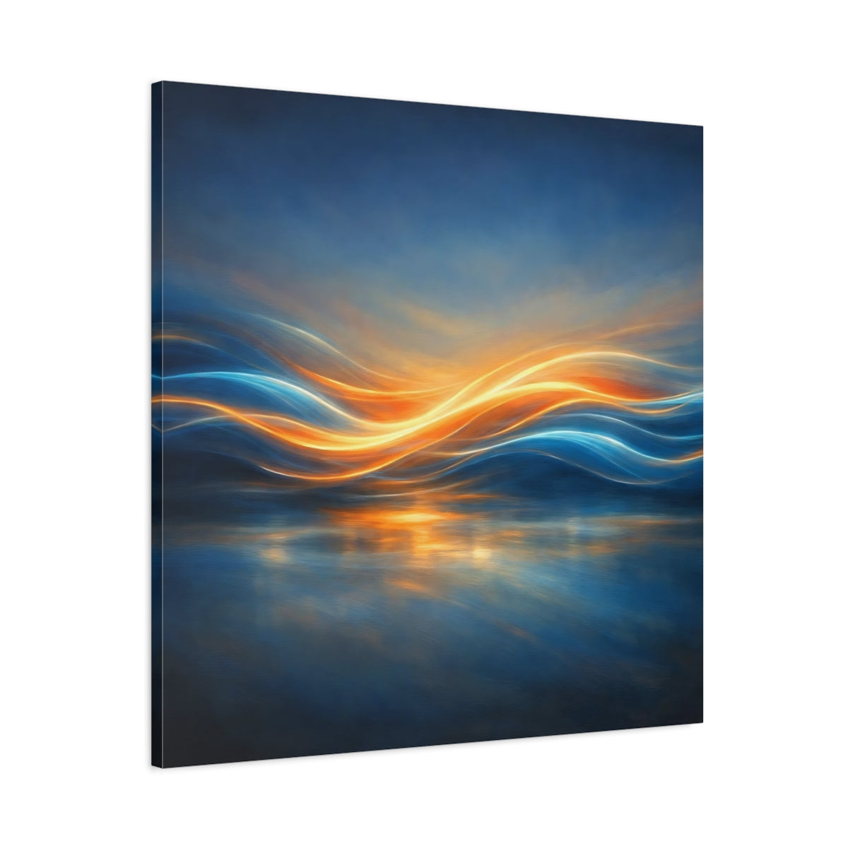 Side Mockup 2. Abstract Light Waves Blue Orange Abstract shown as stretched canvas wall art