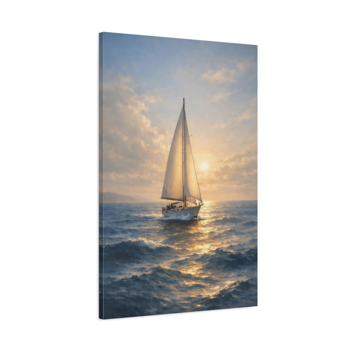 Side Mockup 1. Nature Sailboat Golden Sailboat shown as stretched canvas wall art