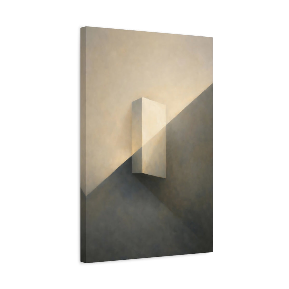 Side Mockup 3. Abstract Geometric Block Cream And Grey shown as stretched canvas wall art