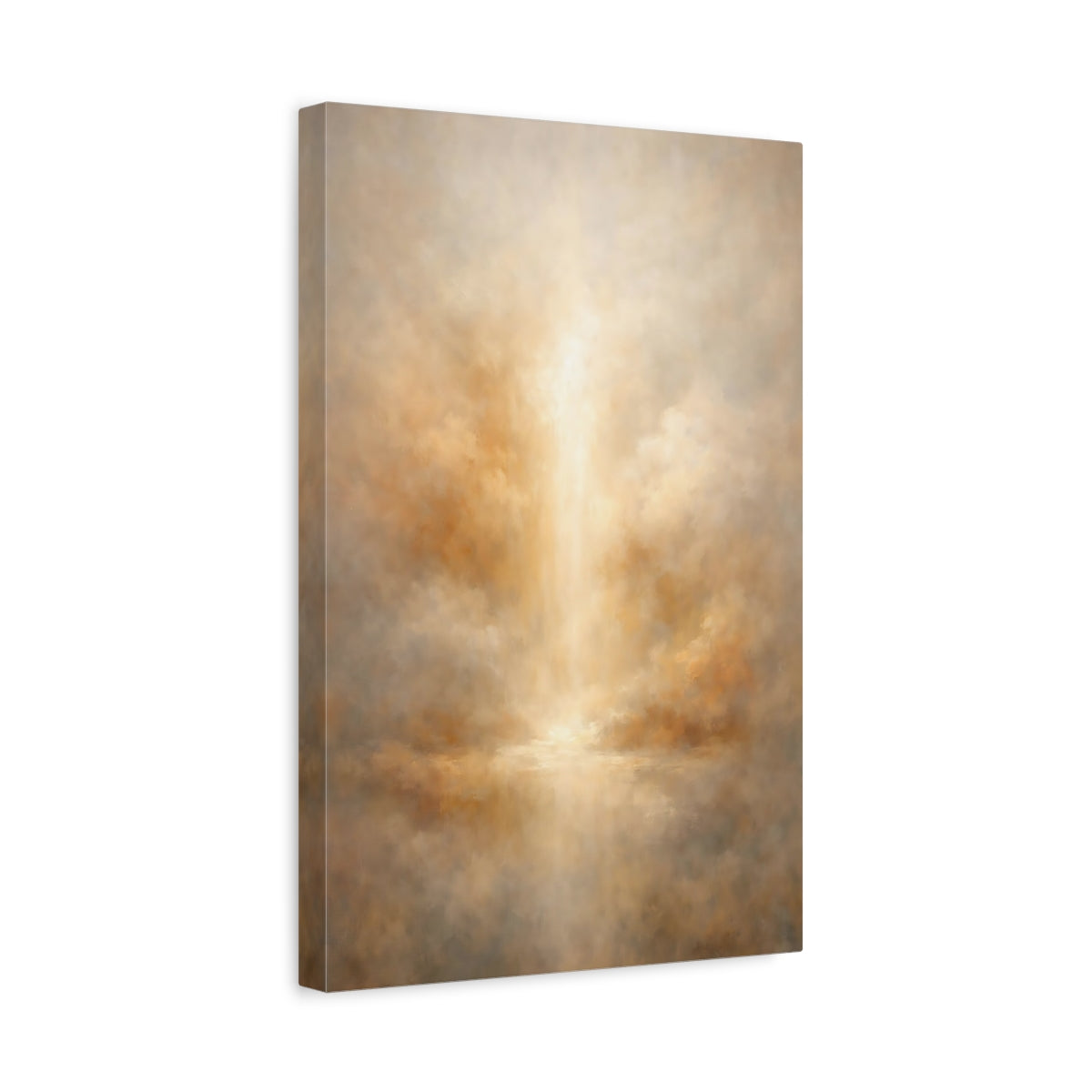 Side Mockup 4. Abstract Ethereal Light Brown And Gold Abstract shown as stretched canvas wall art