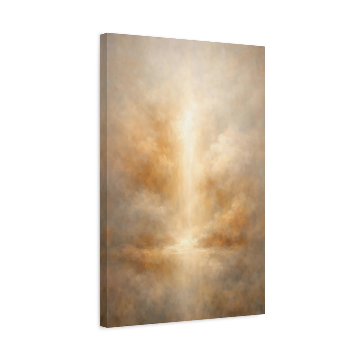 Side Mockup 3. Abstract Ethereal Light Brown And Gold Abstract shown as stretched canvas wall art