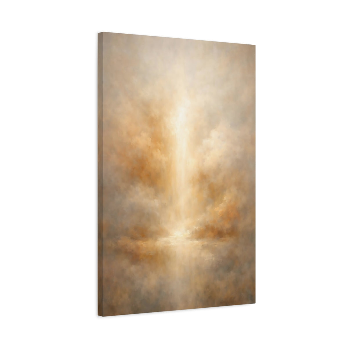 Side Mockup 2. Abstract Ethereal Light Brown And Gold Abstract shown as stretched canvas wall art