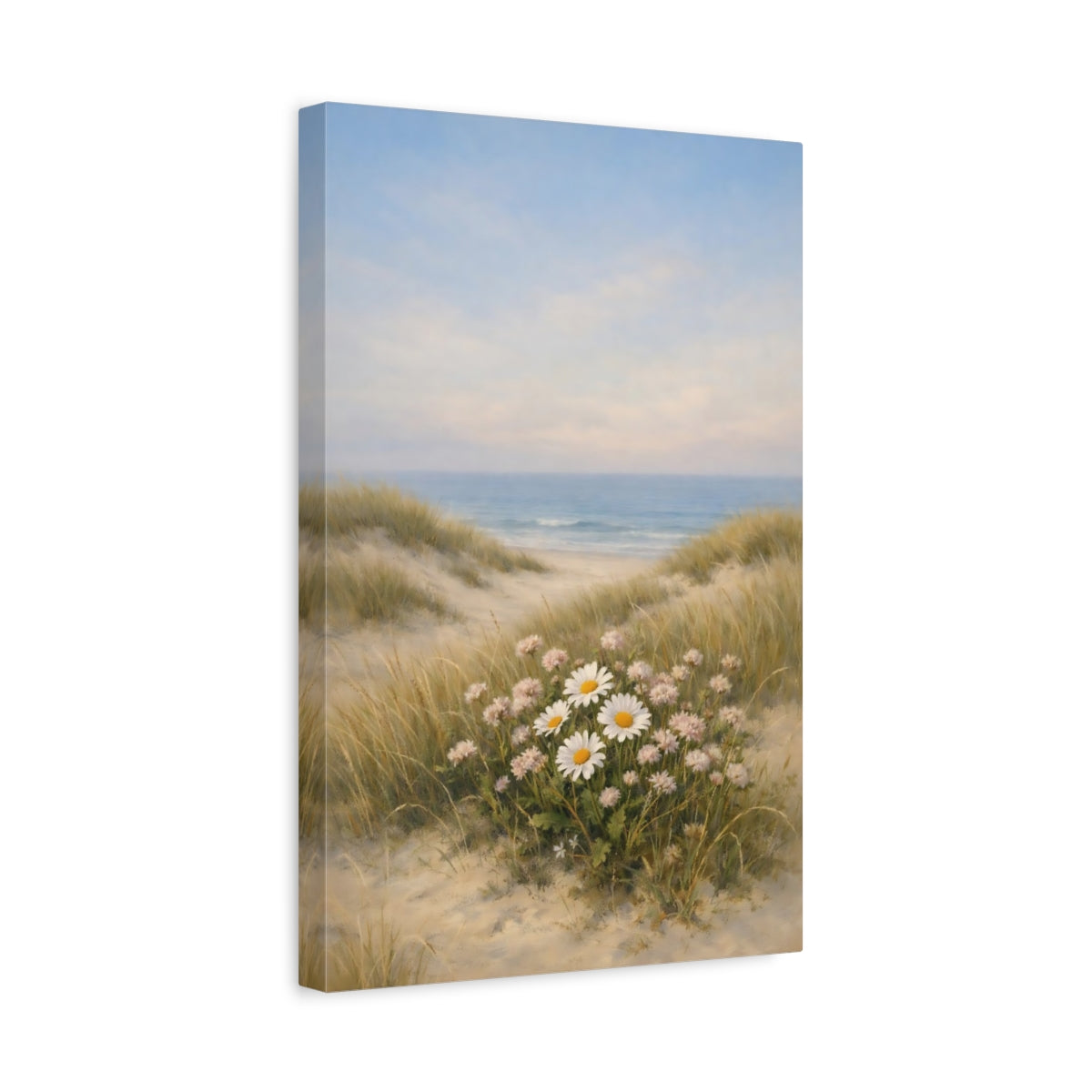 Side Mockup 4. Nature Daisies Pastel Beach Landscape shown as stretched canvas wall art