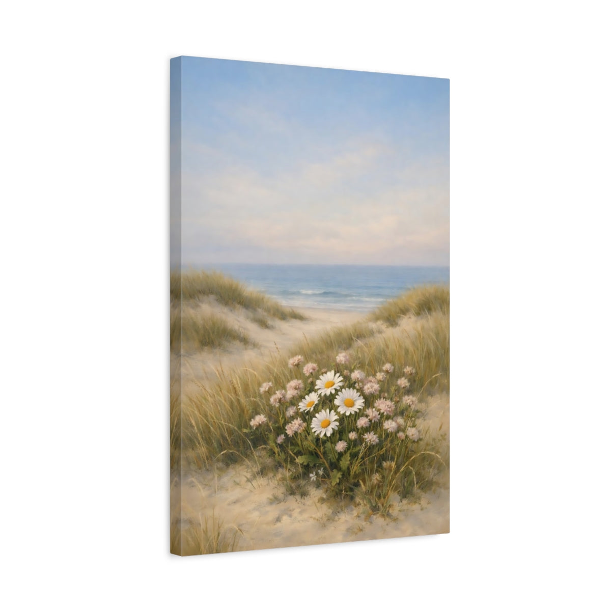 Side Mockup 3. Nature Daisies Pastel Beach Landscape shown as stretched canvas wall art