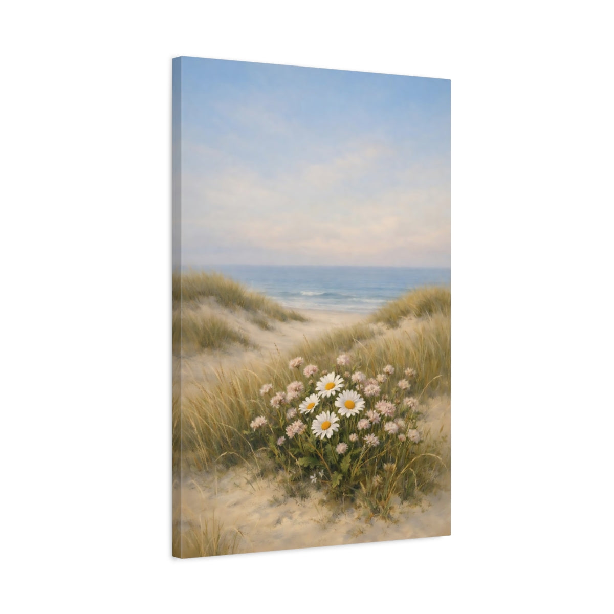 Side Mockup 2. Nature Daisies Pastel Beach Landscape shown as stretched canvas wall art