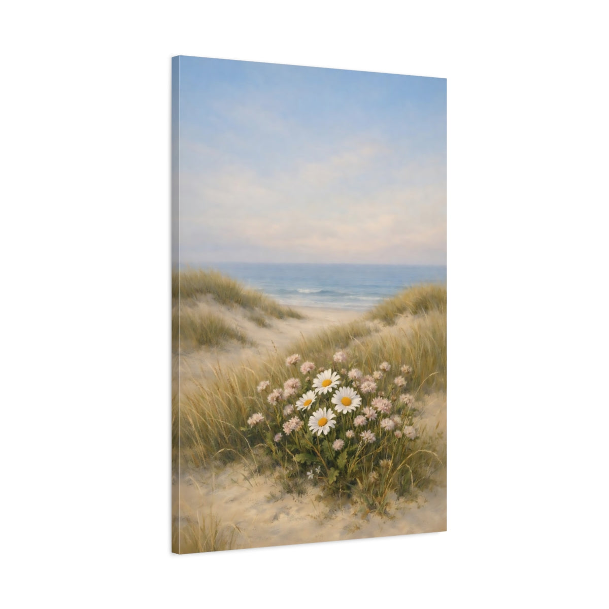 Side Mockup 1. Nature Daisies Pastel Beach Landscape shown as stretched canvas wall art