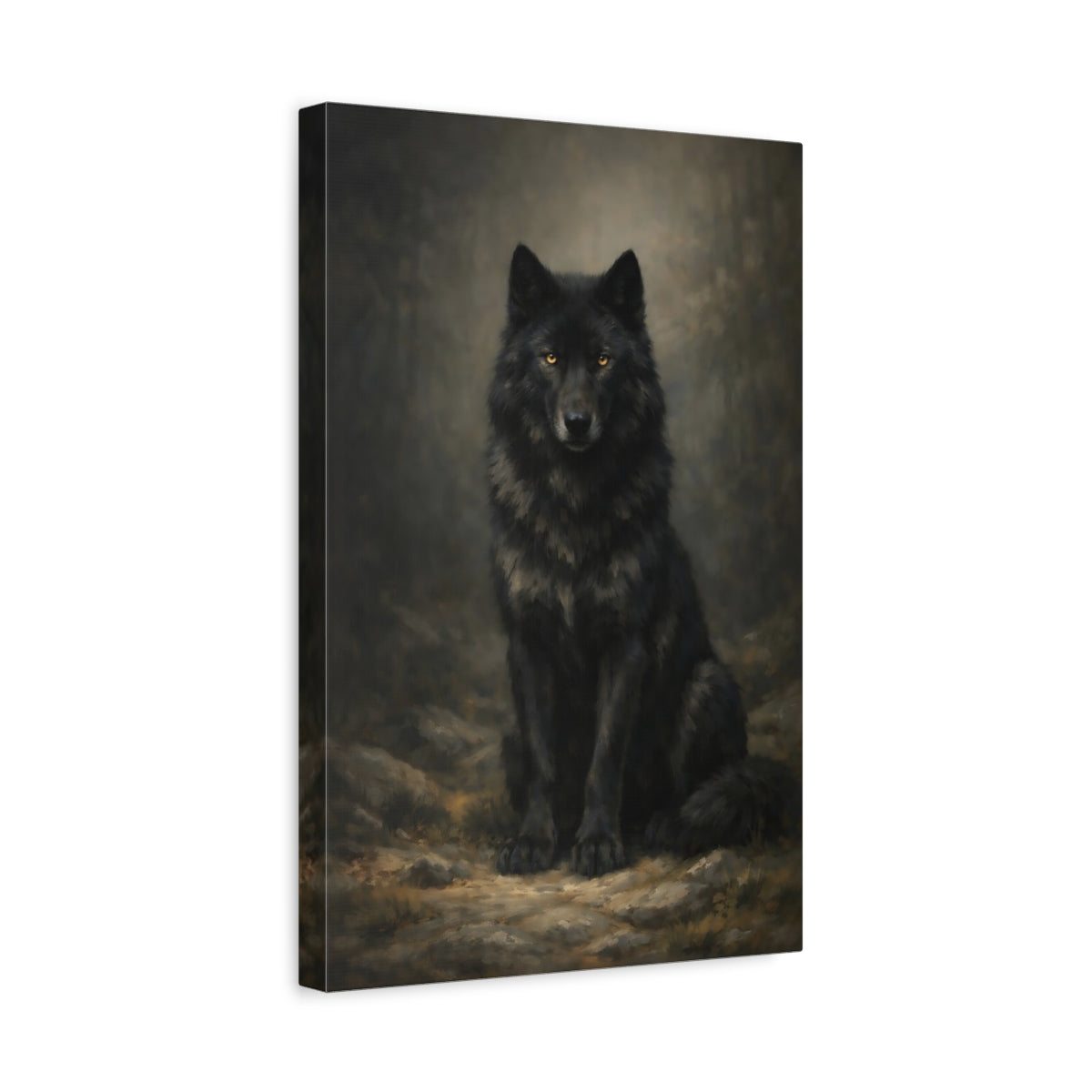 Side Mockup 4. Animals Black Wolf Black Wolf shown as stretched canvas wall art