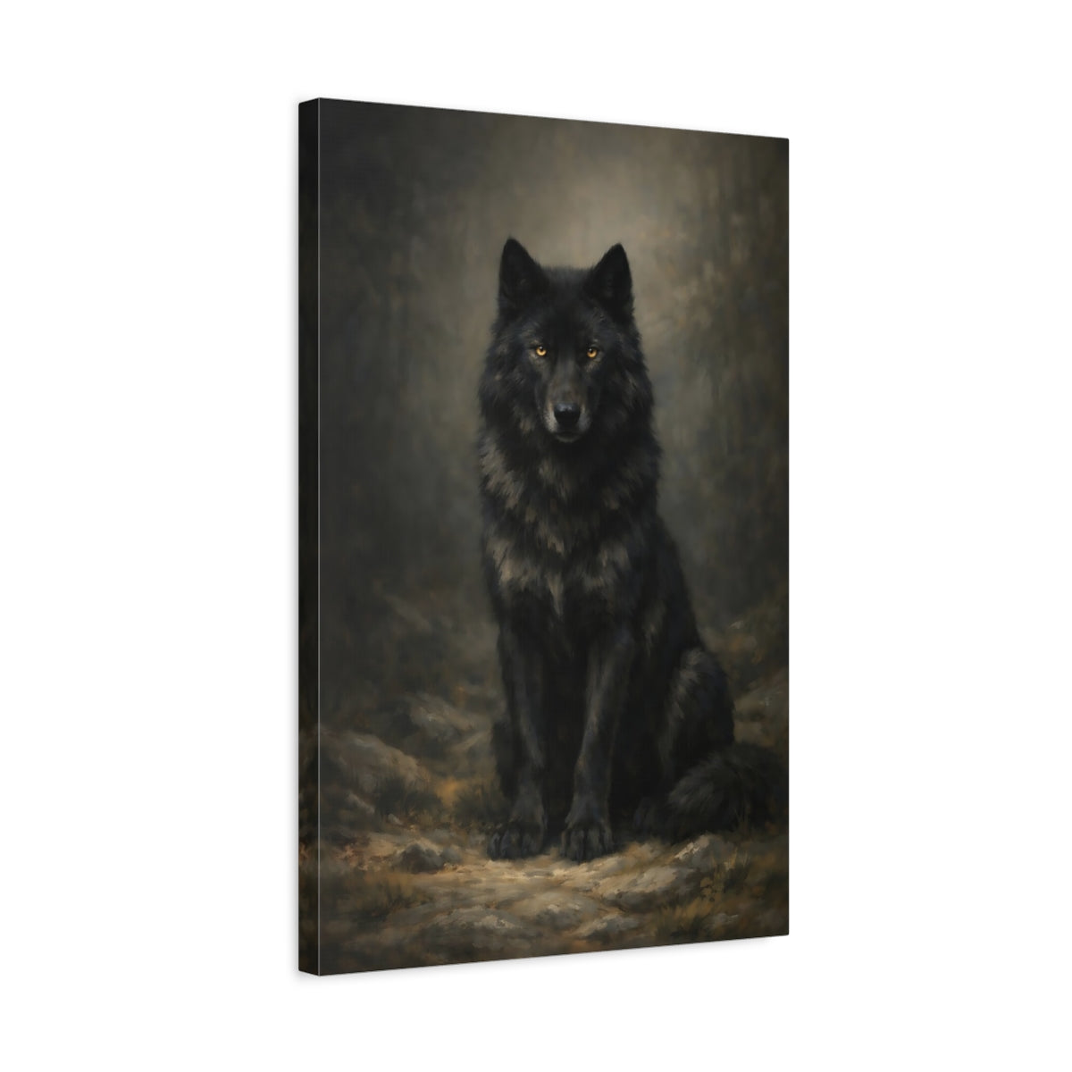 Side Mockup 3. Animals Black Wolf Black Wolf shown as stretched canvas wall art