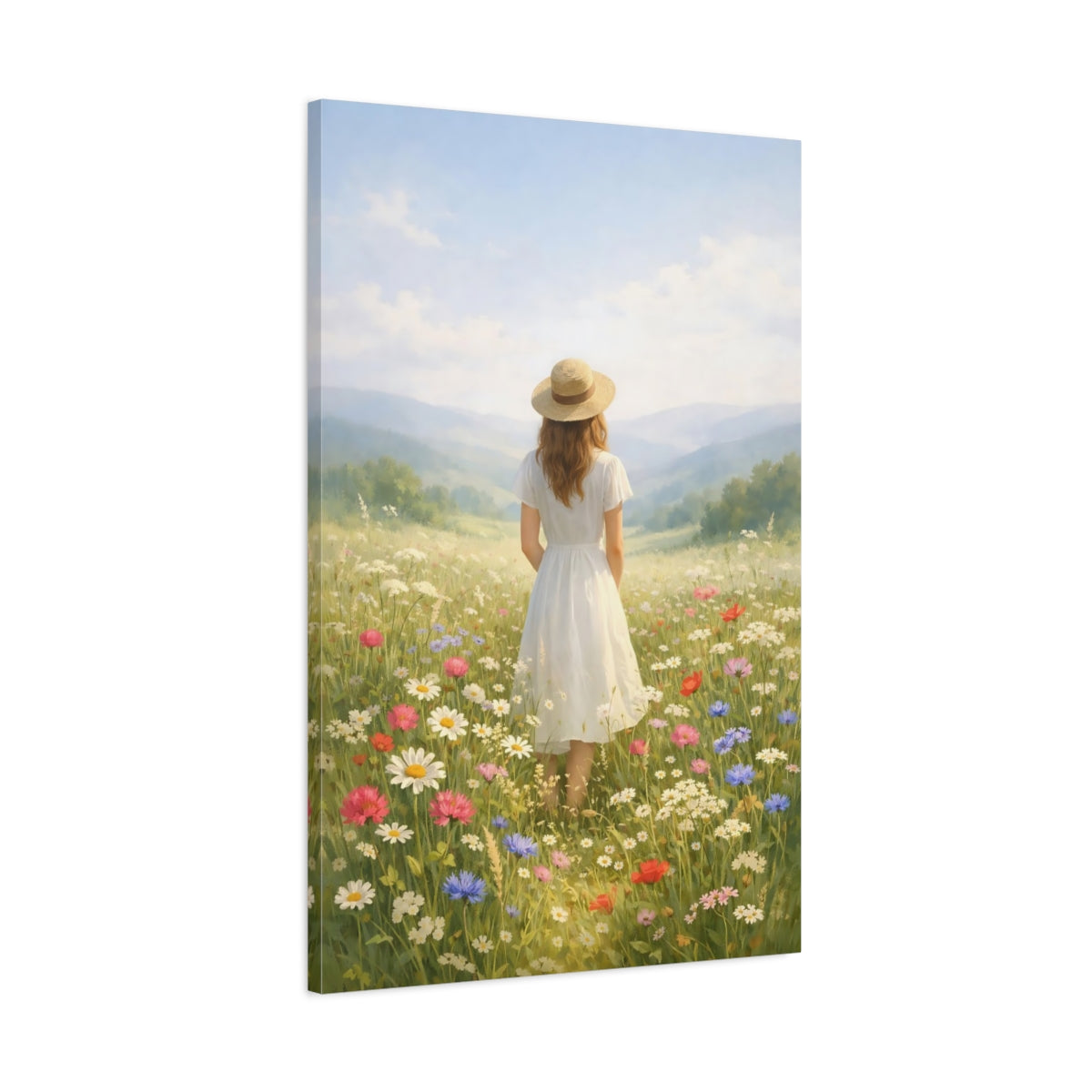 Side Mockup 1. Nature Woman Wildflower Meadow shown as stretched canvas wall art