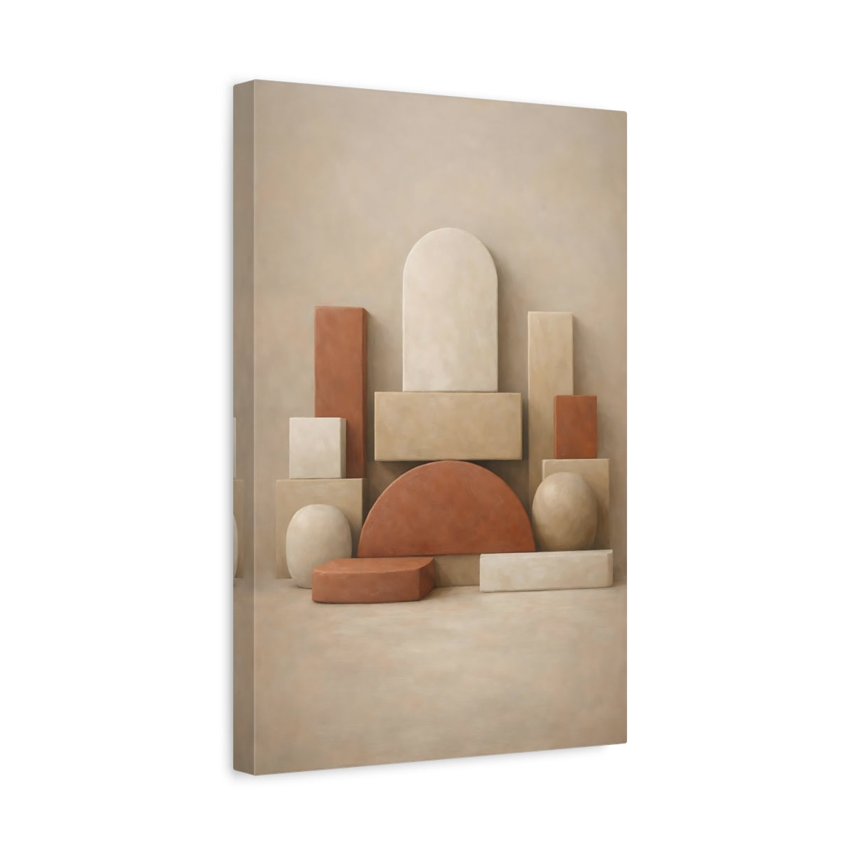 Side Mockup 4. Abstract Geometric Shapes Beige Terracotta shown as stretched canvas wall art