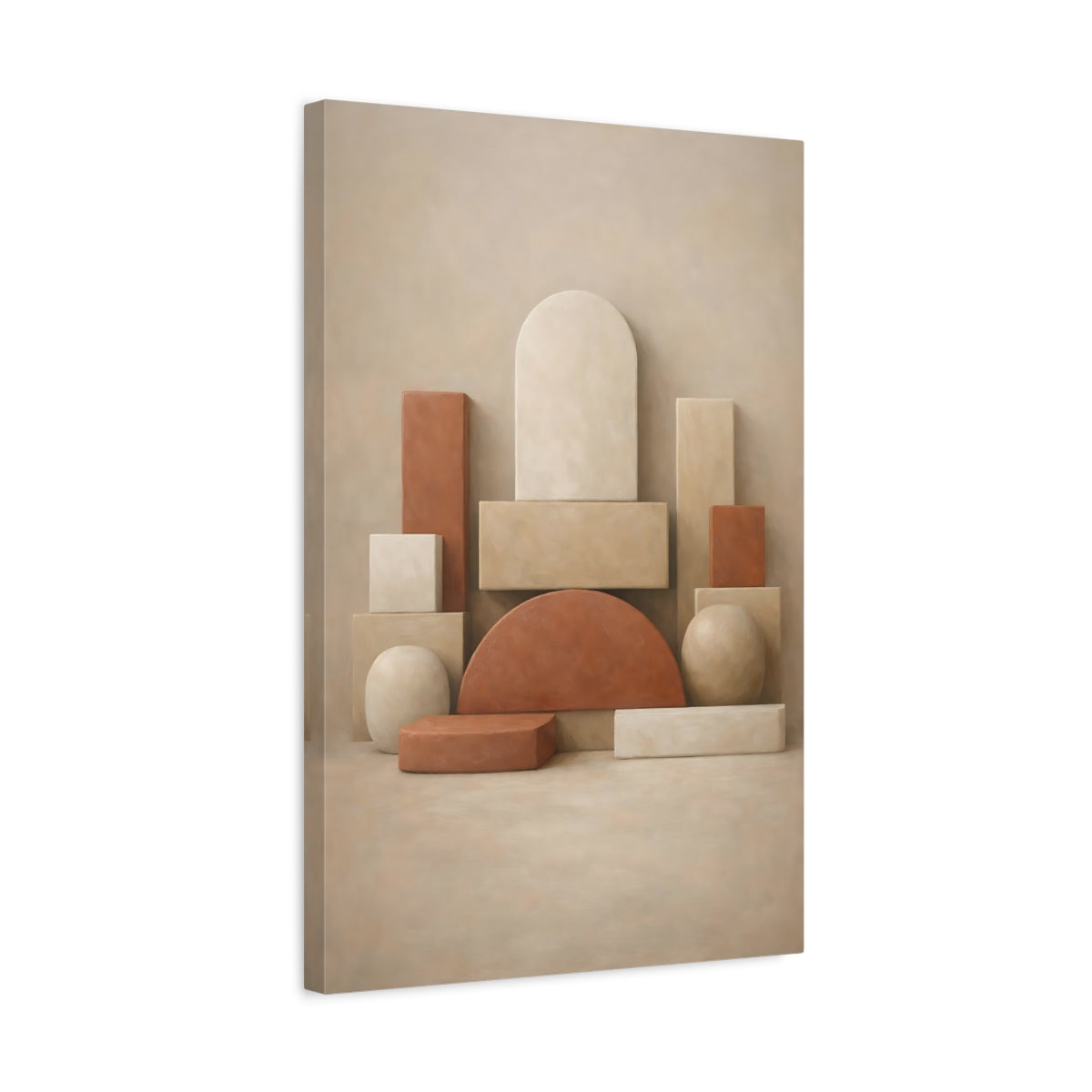 Side Mockup 3. Abstract Geometric Shapes Beige Terracotta shown as stretched canvas wall art