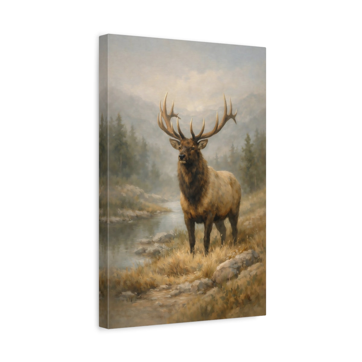 Side Mockup 4. Nature Elk Brown And Grey shown as stretched canvas wall art
