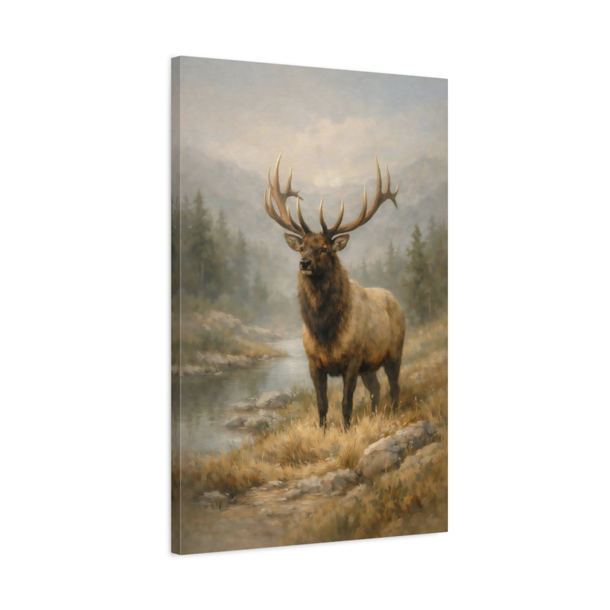 Side Mockup 2. Nature Elk Brown And Grey shown as stretched canvas wall art