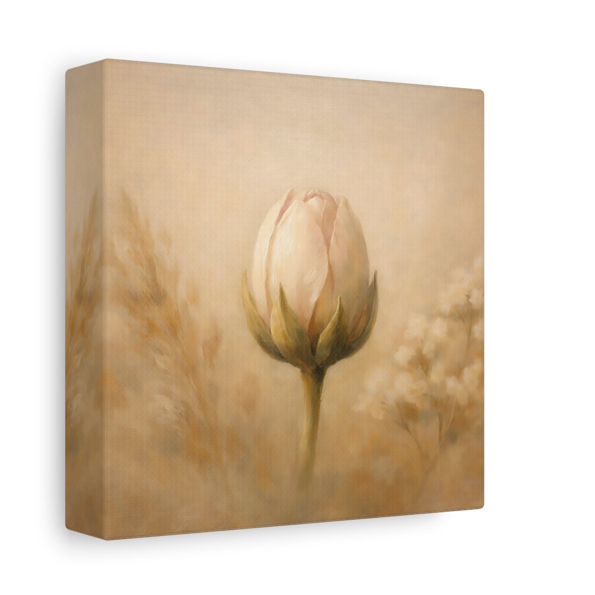 Side Mockup 1. Floral Flower Bud Beige Floral shown as stretched canvas wall art