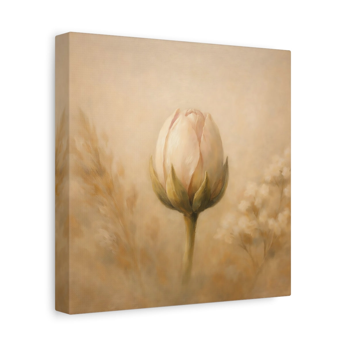 Side Mockup 9. Floral Flower Bud Beige Floral shown as stretched canvas wall art