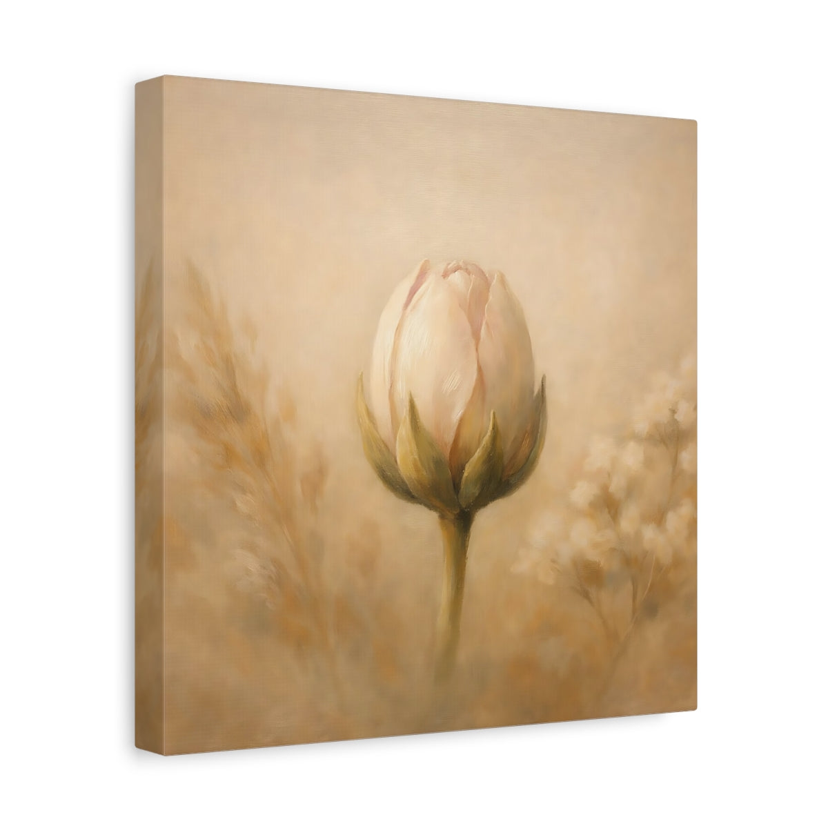 Side Mockup 8. Floral Flower Bud Beige Floral shown as stretched canvas wall art
