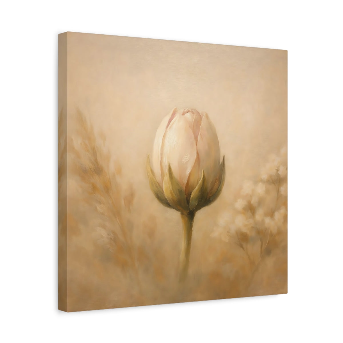 Side Mockup 6. Floral Flower Bud Beige Floral shown as stretched canvas wall art