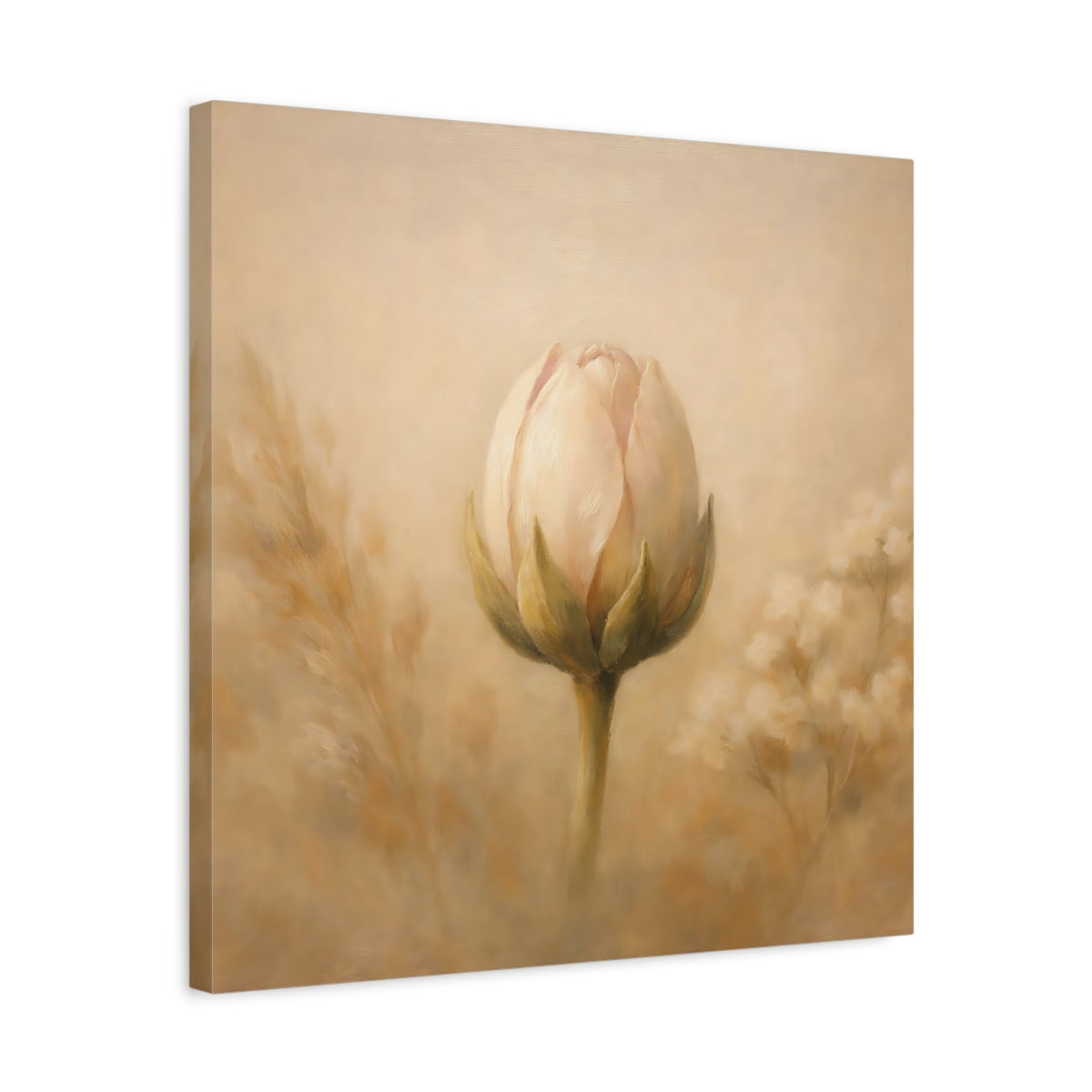 Side Mockup 5. Floral Flower Bud Beige Floral shown as stretched canvas wall art