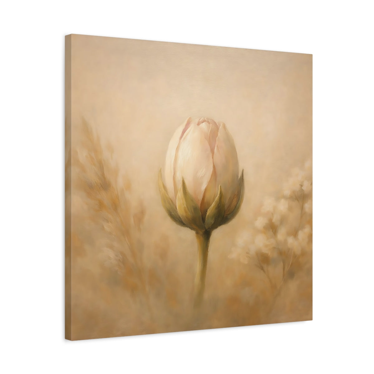 Side Mockup 4. Floral Flower Bud Beige Floral shown as stretched canvas wall art