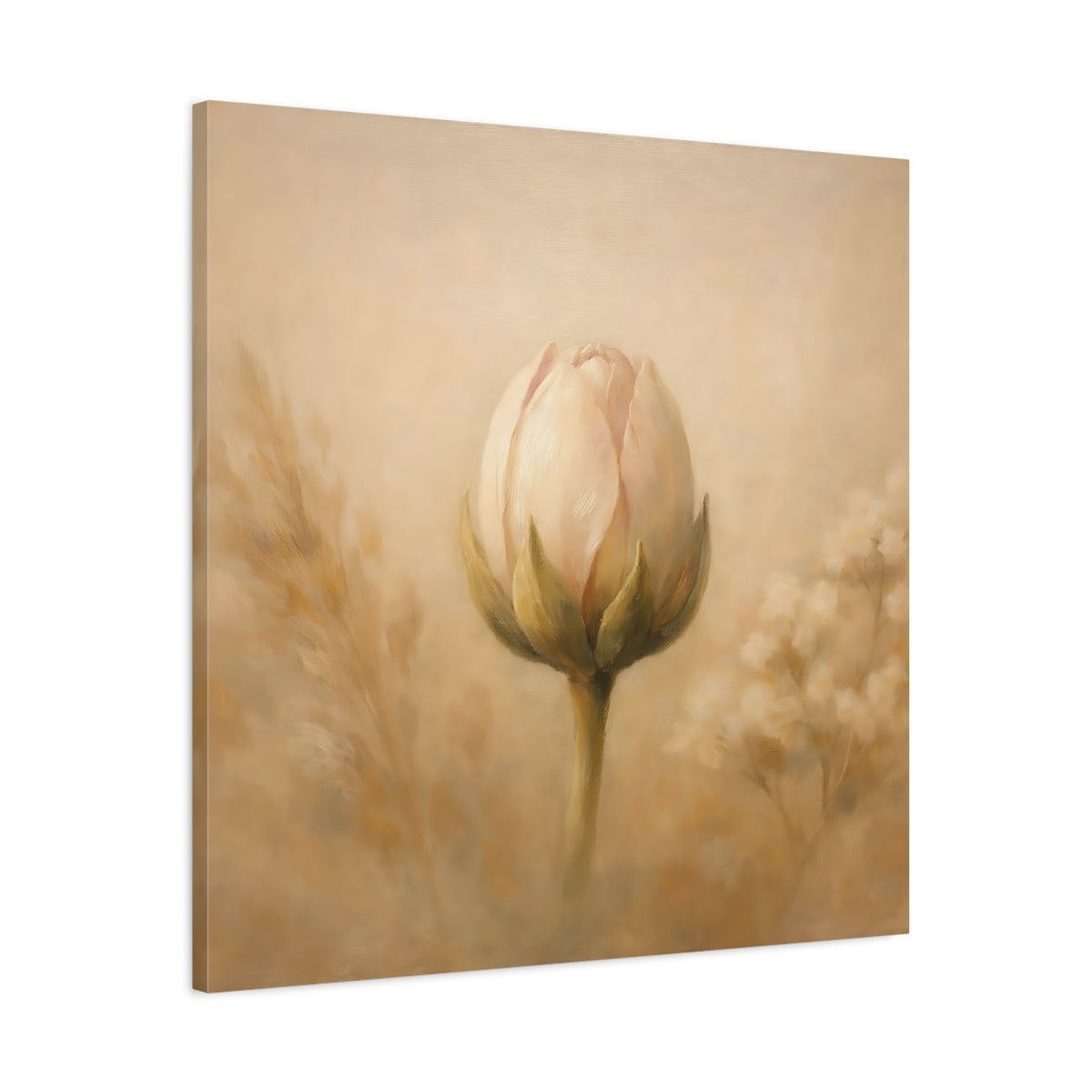 Side Mockup 3. Floral Flower Bud Beige Floral shown as stretched canvas wall art