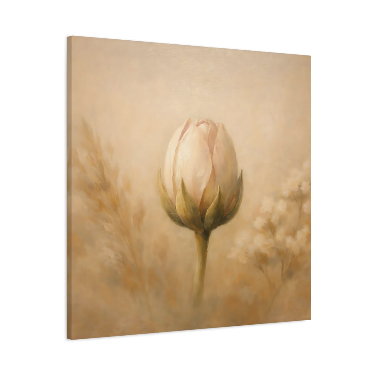 Side Mockup 2. Floral Flower Bud Beige Floral shown as stretched canvas wall art