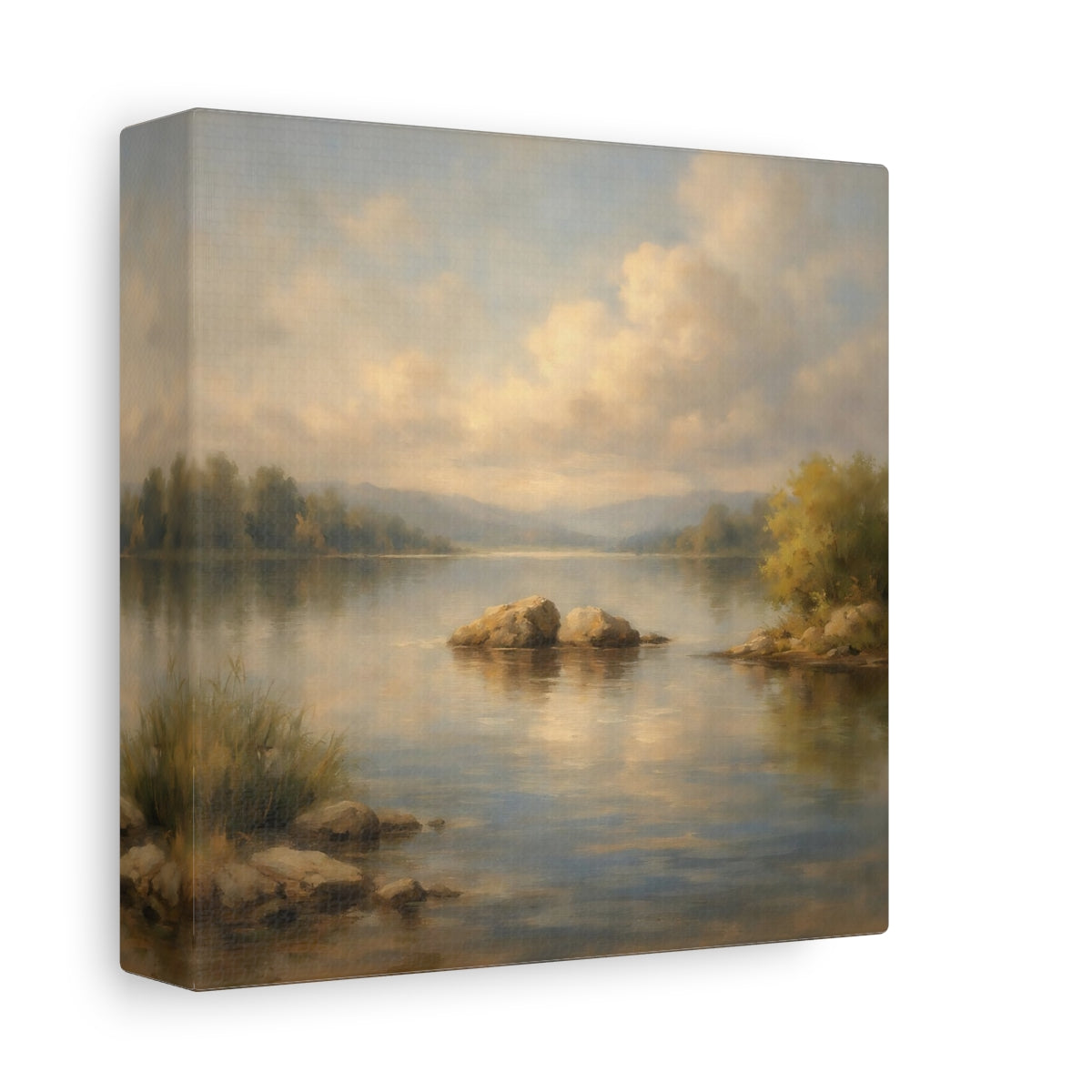 Side Mockup 1. Nature Lake Landscape Tranquil Lake Scene shown as stretched canvas wall art