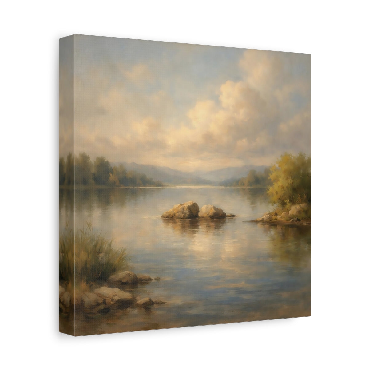 Side Mockup 9. Nature Lake Landscape Tranquil Lake Scene shown as stretched canvas wall art