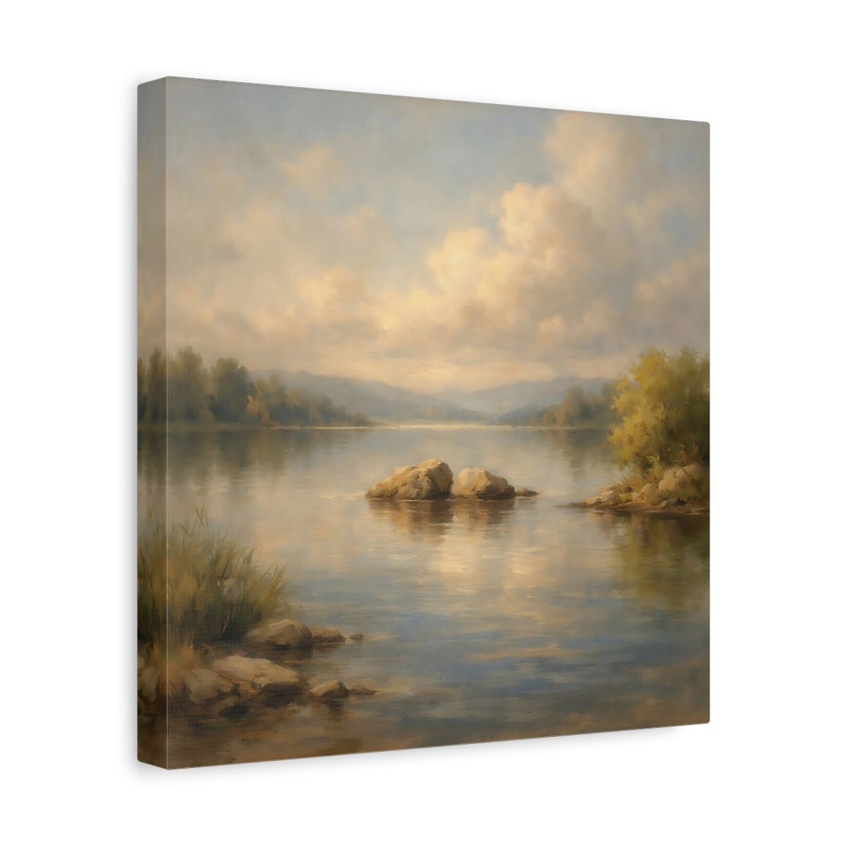 Side Mockup 8. Nature Lake Landscape Tranquil Lake Scene shown as stretched canvas wall art