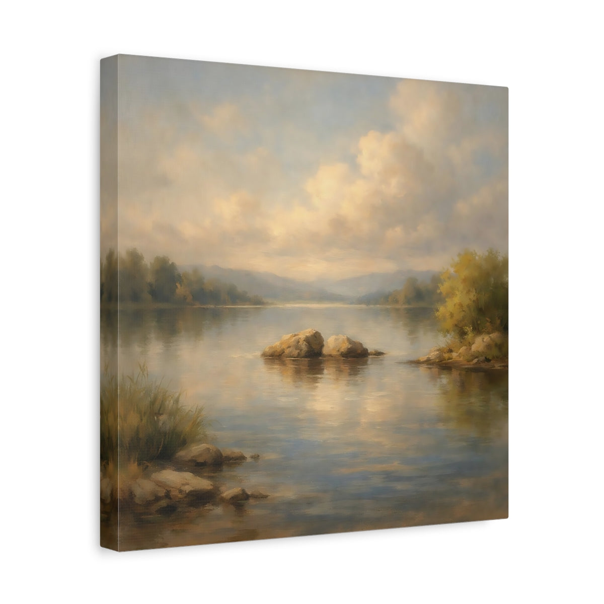 Side Mockup 7. Nature Lake Landscape Tranquil Lake Scene shown as stretched canvas wall art