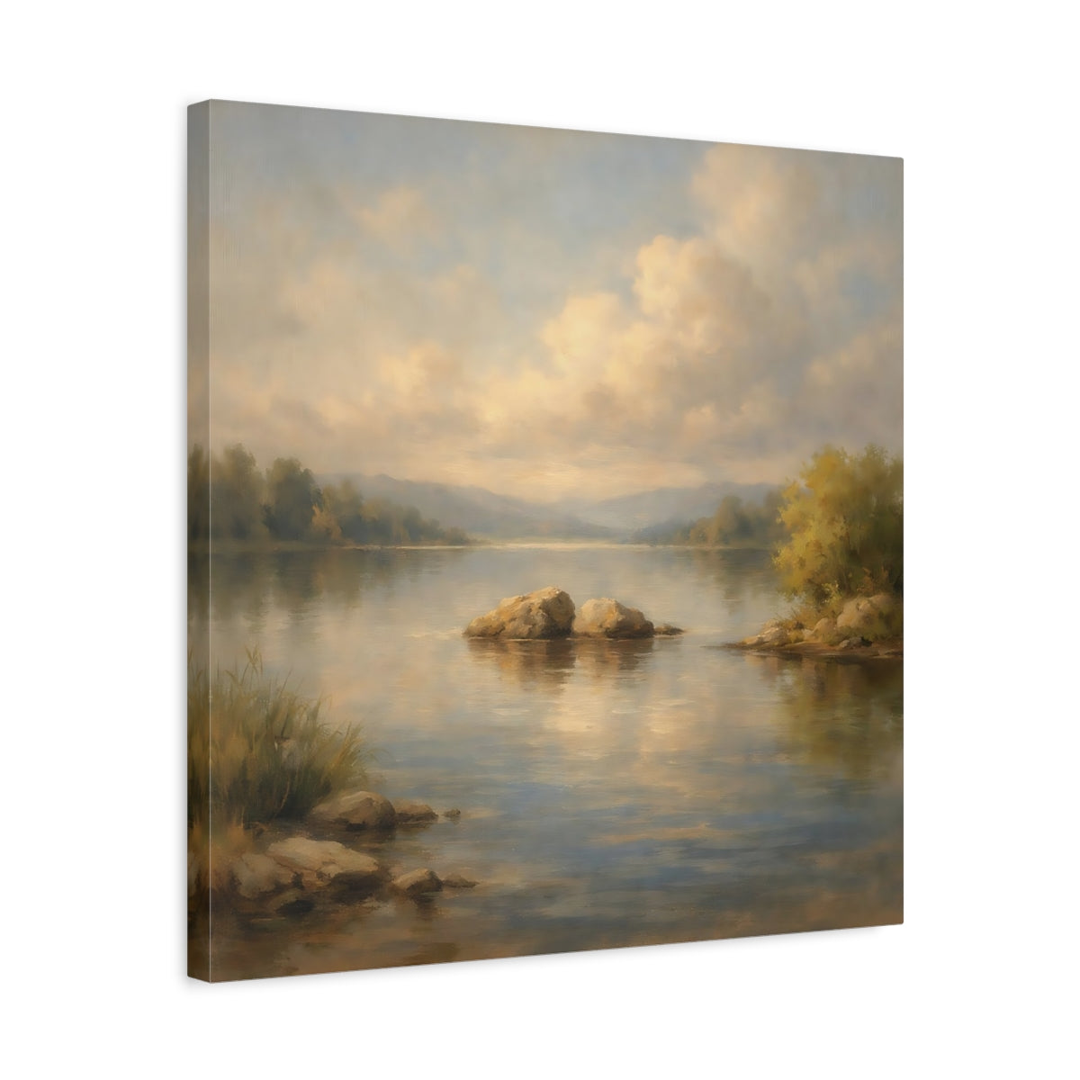 Side Mockup 5. Nature Lake Landscape Tranquil Lake Scene shown as stretched canvas wall art