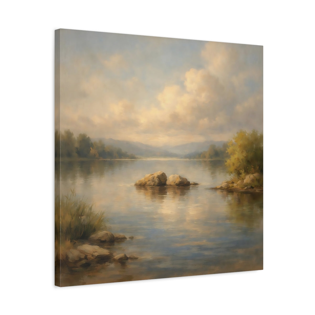 Side Mockup 4. Nature Lake Landscape Tranquil Lake Scene shown as stretched canvas wall art