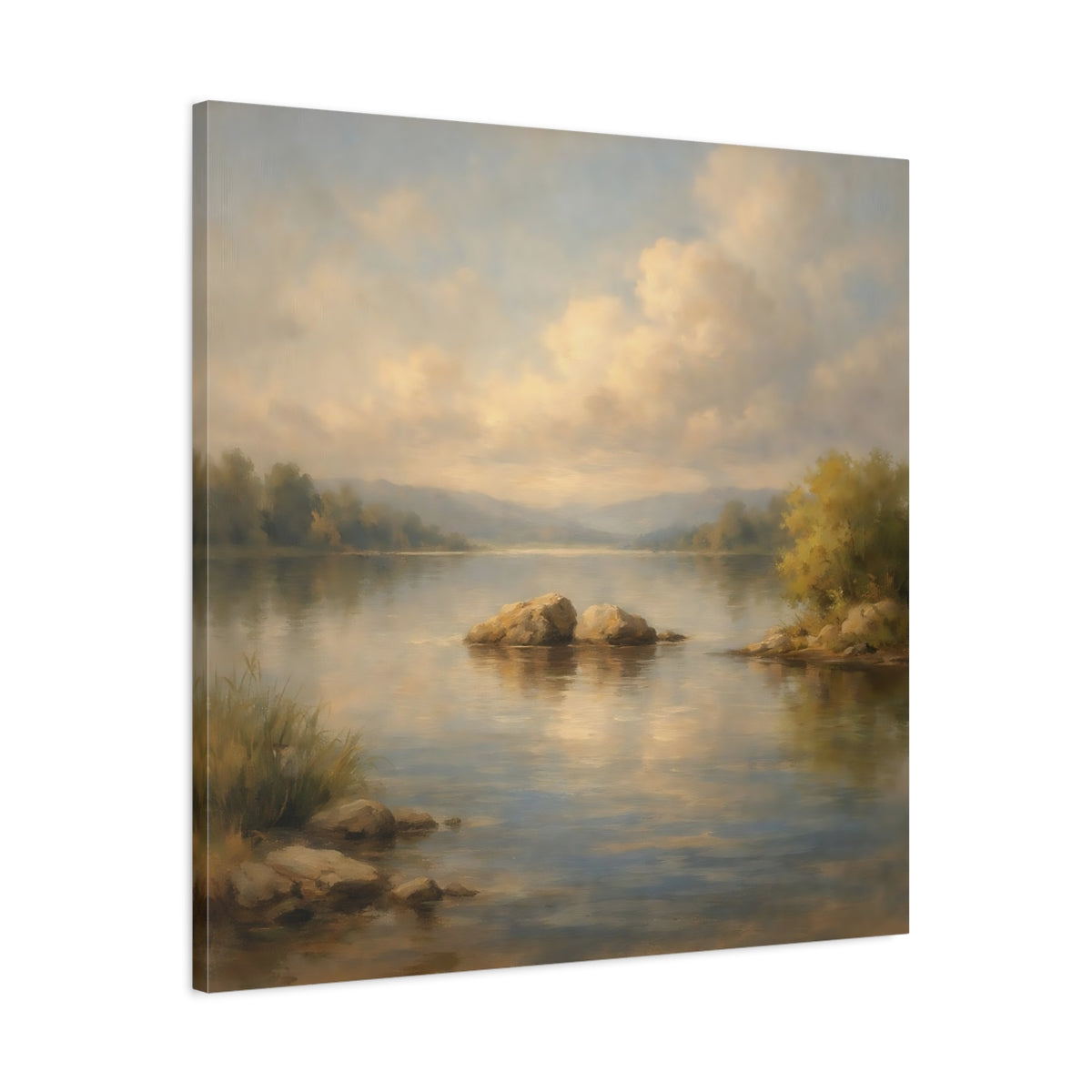 Side Mockup 3. Nature Lake Landscape Tranquil Lake Scene shown as stretched canvas wall art