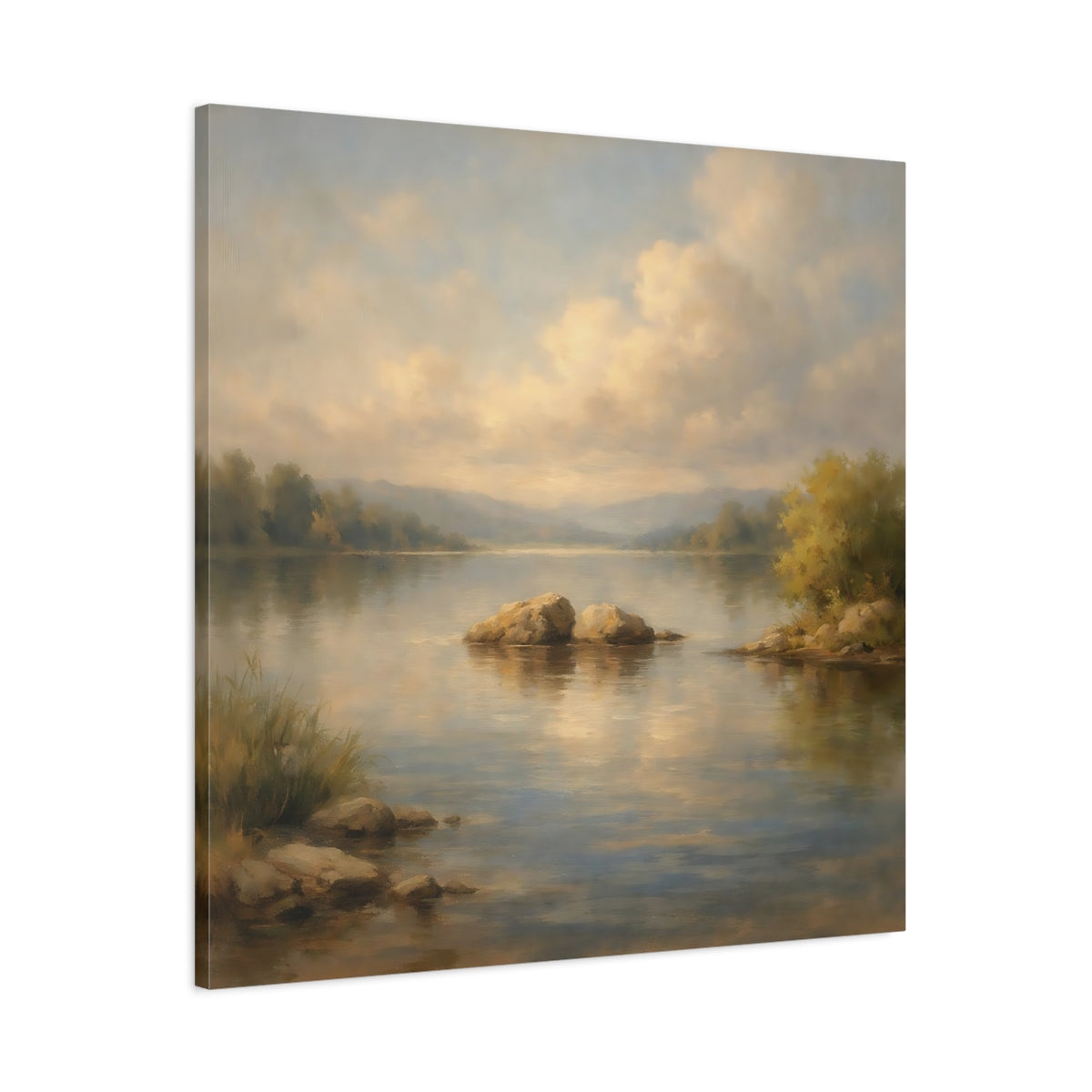 Side Mockup 2. Nature Lake Landscape Tranquil Lake Scene shown as stretched canvas wall art