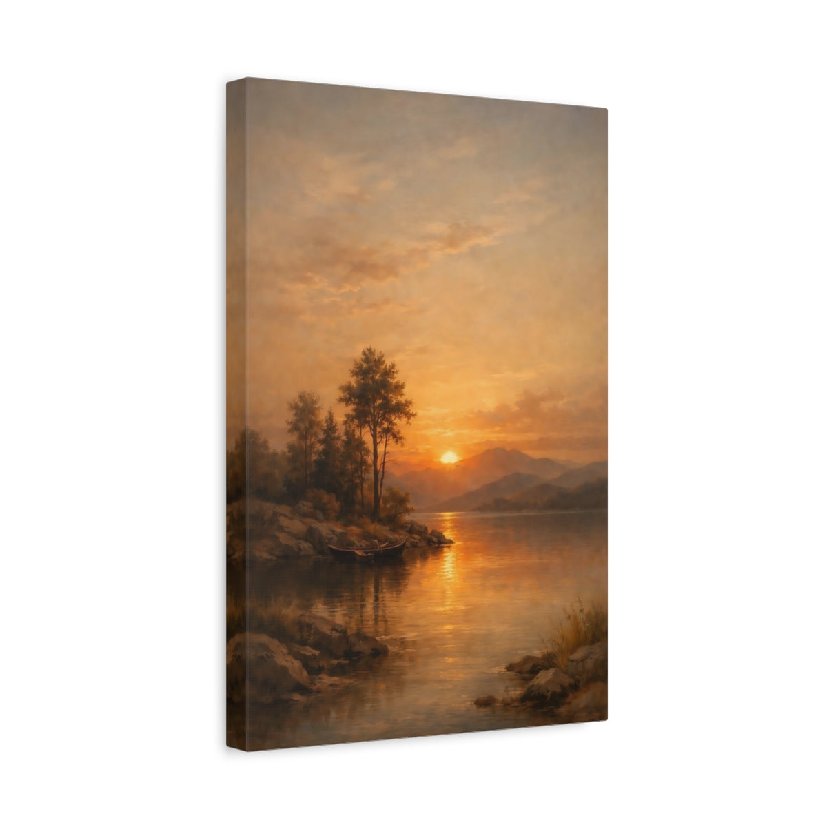Side Mockup 4. Nature Lake Sunset Orange And Gold Sunset shown as stretched canvas wall art
