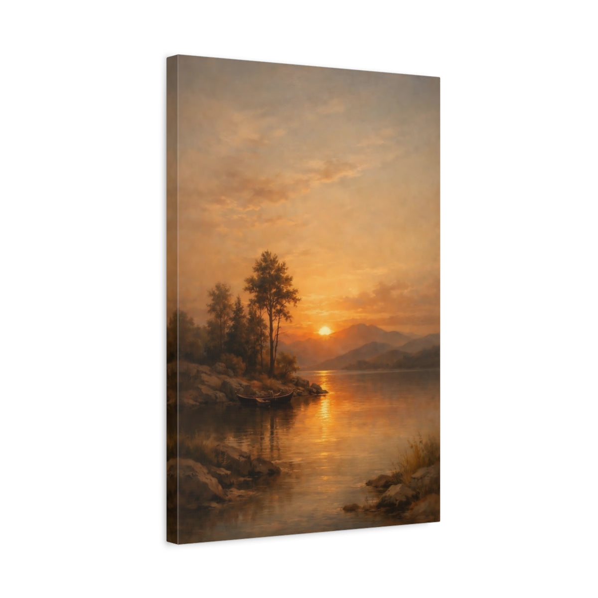 Side Mockup 3. Nature Lake Sunset Orange And Gold Sunset shown as stretched canvas wall art