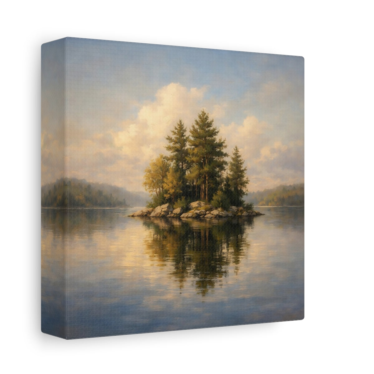 Side Mockup 1. Nature Lake Island Green Blue Landscape shown as stretched canvas wall art