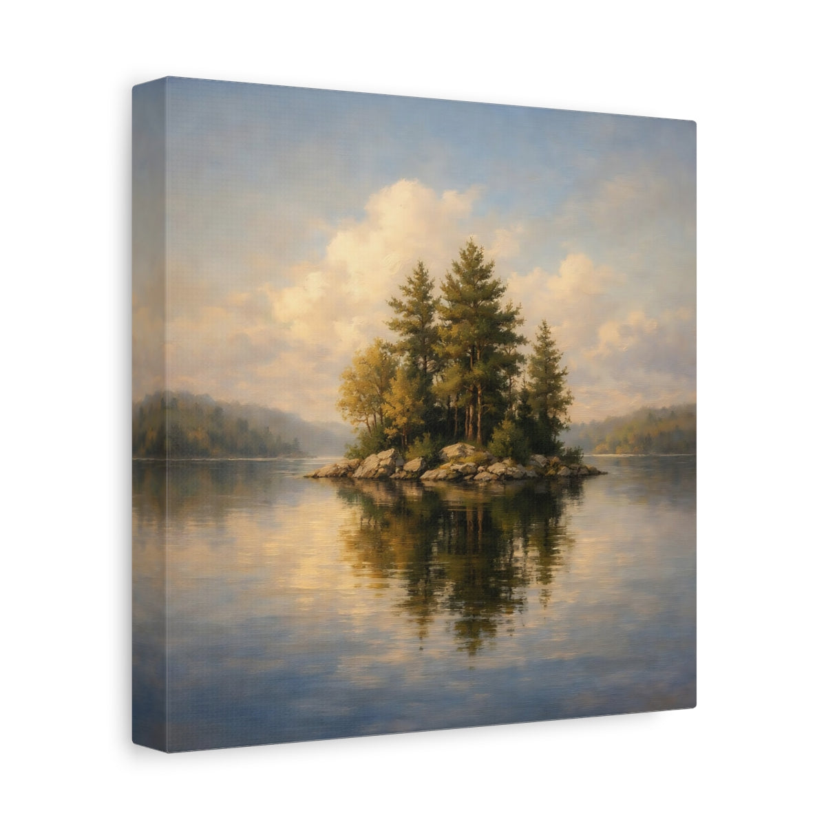 Side Mockup 9. Nature Lake Island Green Blue Landscape shown as stretched canvas wall art