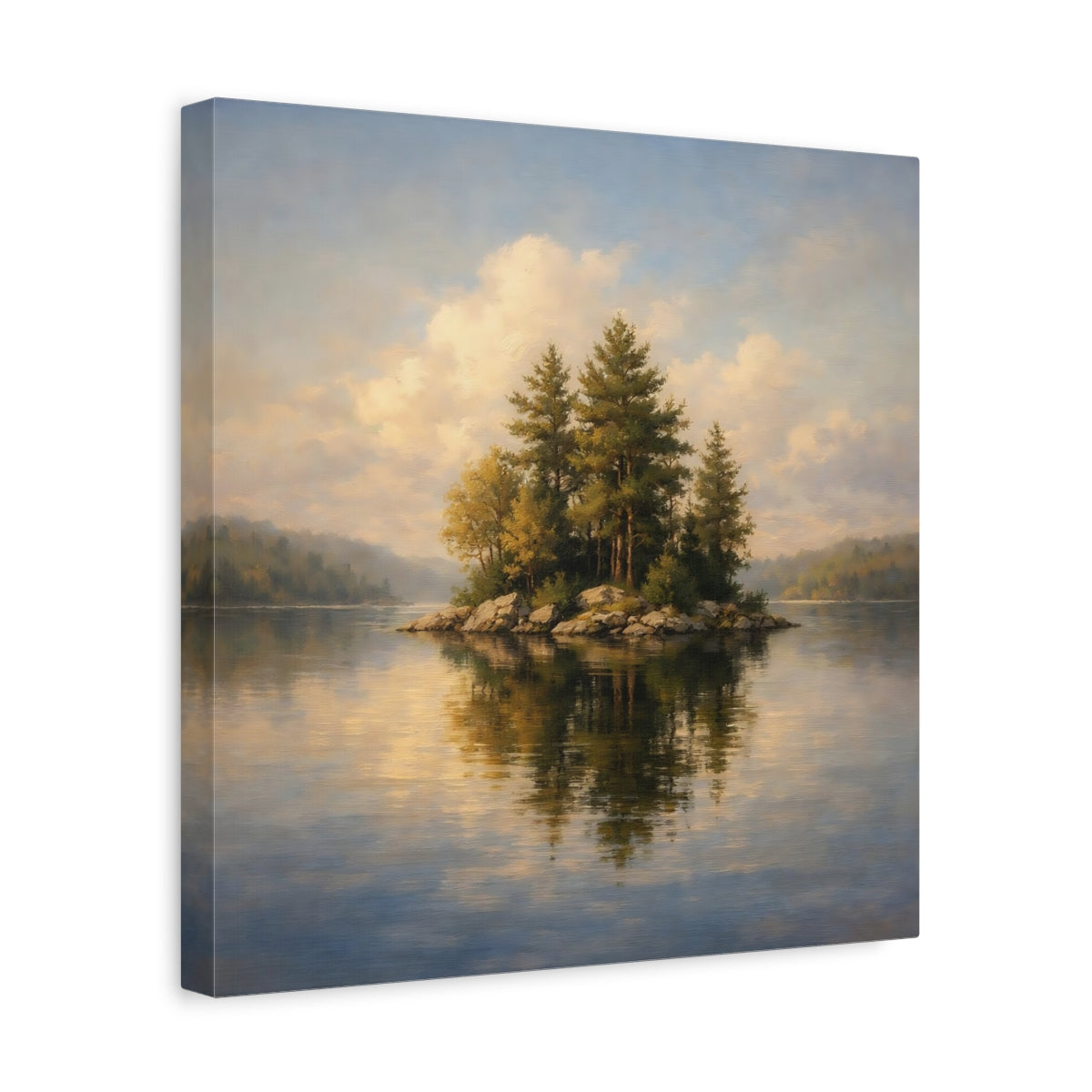 Side Mockup 7. Nature Lake Island Green Blue Landscape shown as stretched canvas wall art