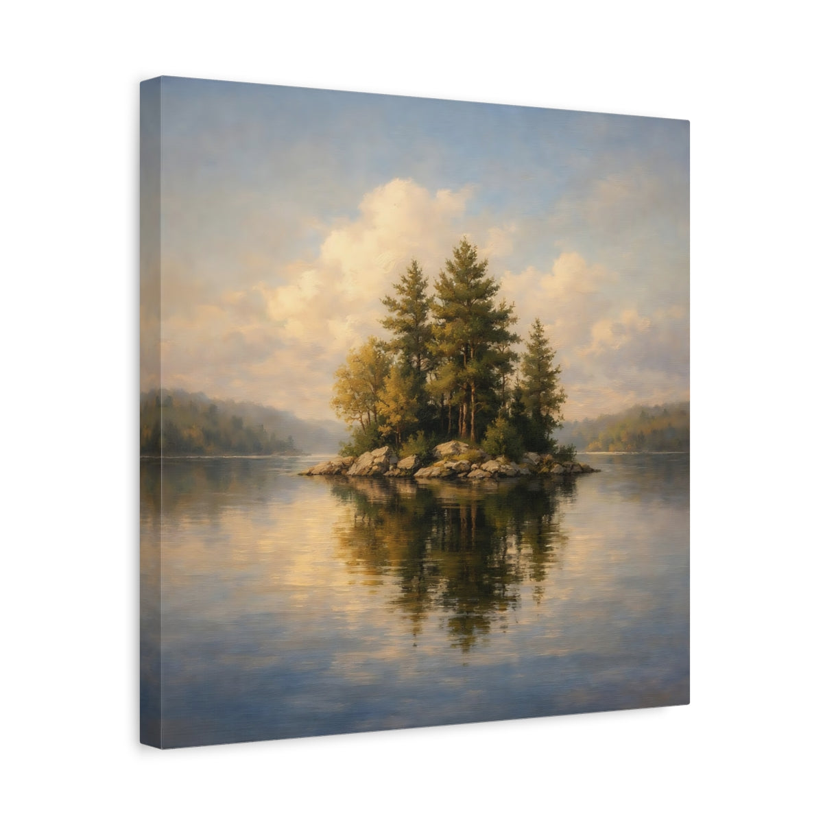 Side Mockup 6. Nature Lake Island Green Blue Landscape shown as stretched canvas wall art